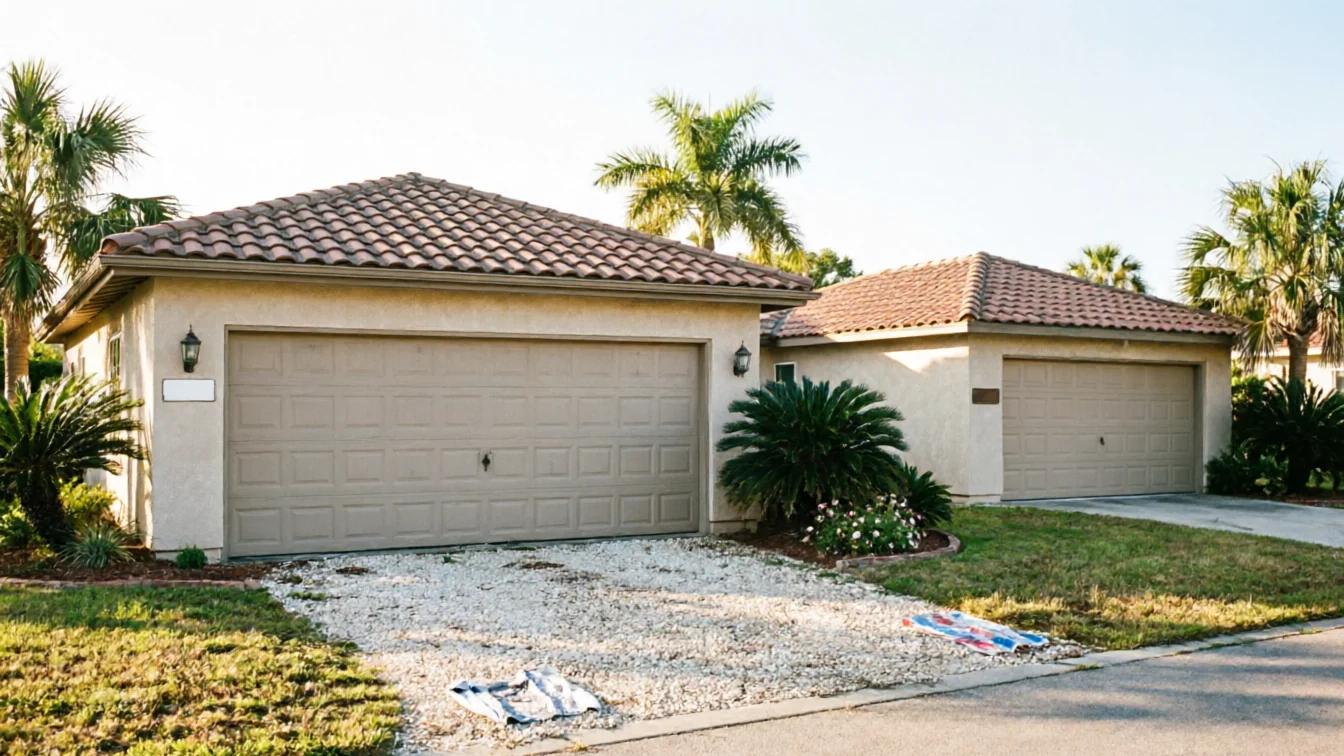 Two houses with tan garage doors and tiled roofs are visible.